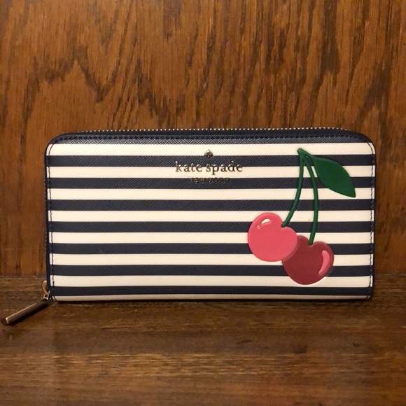 NWT-Kate Spade-SET-Bing Cherry🍒Large Striped Bifold Wallet & Cherry🍒Charm-$328 - Picture 2 of 16